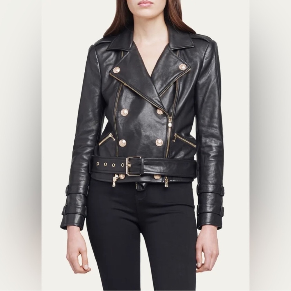 L'AGENCE Black Leather Double-Breasted Moto Jacket with Belt